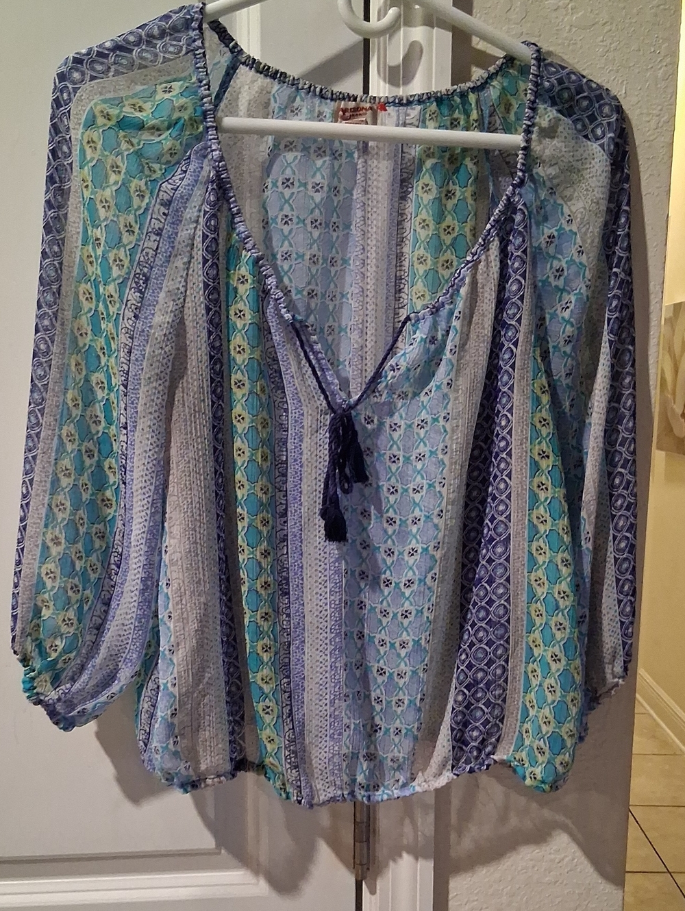 Arizona Jean Company Blue and Aqua Striped V-Neck Peasant Blouse